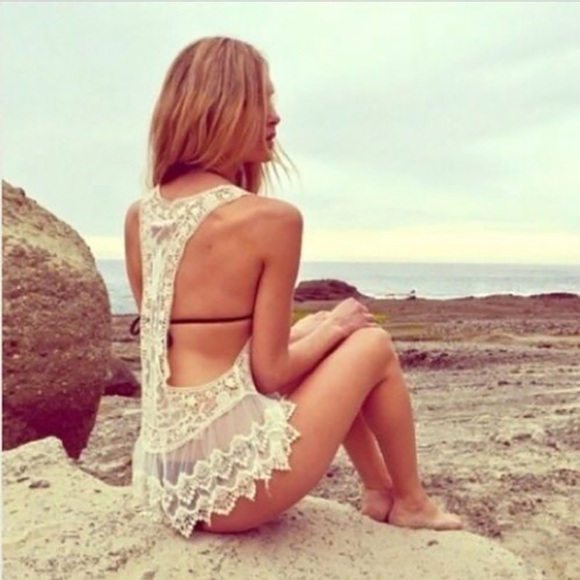 Cream Boho Lace Embroidered Crochet Sheer Coverup - Picture 7 of 13